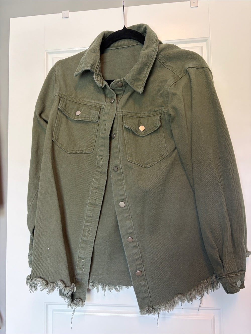 Olive Green Fringe-Hem Utility Jacket